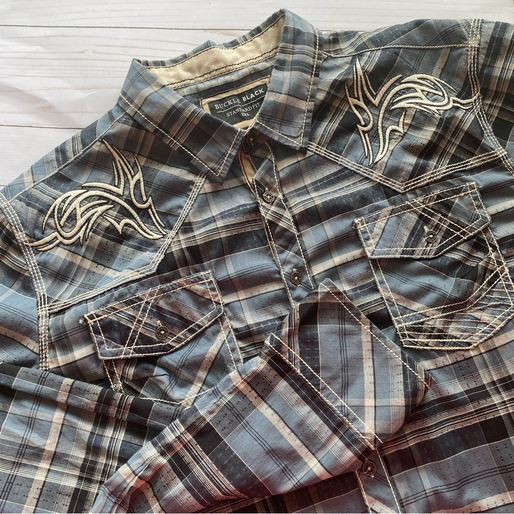 Men’s BUCKLE BLACK Plaid Long Sleeve Shirt Embroidered Trim Standard Fit 2XL